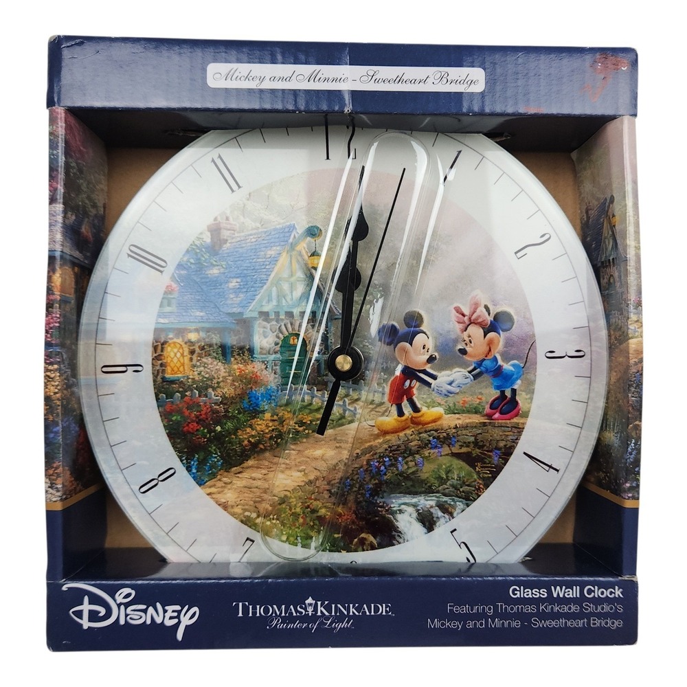 NEW Disney Sweetheart‎ Bridge Glass Wall Clock Thomas Kinkade Mickey Minnie